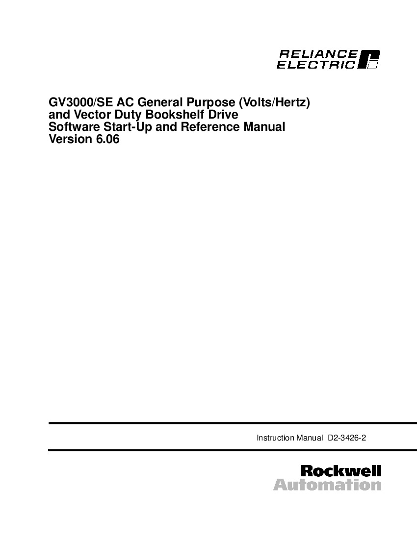 First Page Image of 150ET4060 GV3000_SE AC General Purpose and Vector Duty Bookshelf Drive Software Start-Up Manual D2-3426-2.pdf